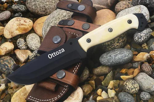 Miniatura 9 de Ottoza Cuchillo de caza de hoja fija con funda de cuero y transporte horizontal, cuchillo de supervivencia y campamento al aire libre de espiga