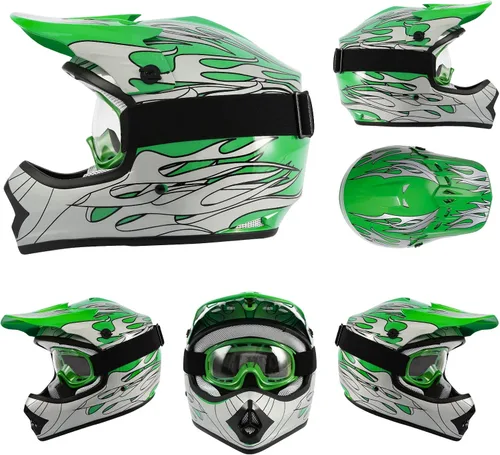 Miniatura 8 de TCT-MOTORPARTS - Casco para niños o jóvenes con lentes y guantes, modelo de llama verde, aprobado por el DOT, para motocross, cuatrimoto, bicicleta