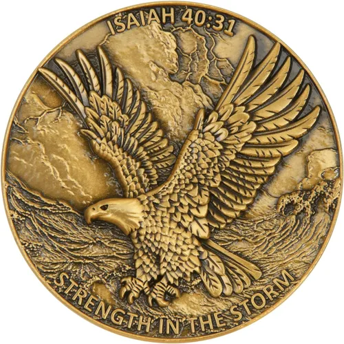 Miniatura 10 de Moneda de desafío de águila 3D de doble cara de aleación de zinc de 1.57 pulgadas, diseño inspirador colorido con Isaías 40:31, tema de fuerza