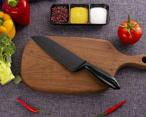 Miniatura 8 de WELLSTAR Santoku Cuchillo de cocina de 7 pulgadas, afilado estilo japonés con hoja de acero inoxidable de alto carbono, negro