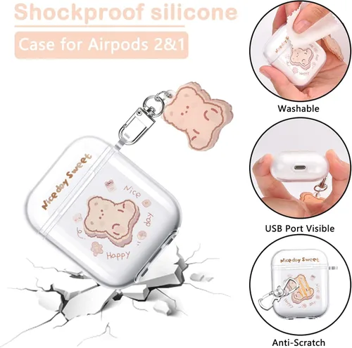 Miniatura 5 de Funda transparente para AirPods con llavero de oso, diseño de oso de dibujos animados, funda protectora completa de silicona compatible con AirPod 2