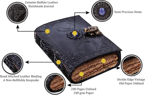 Miniatura 3 de Diario de cuero vintage con piedra semipreciosa, diseño de triple luna, 200 páginas de papel antiguo con borde de deckle – Libro de sombras, diario
