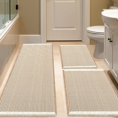 Miniatura 20 de IM HOME Tapete de baño de punto gofre, color caqui, de 24 x 17 pulgadas, tejido bohemio, moderno, absorbente, antideslizante, suave, lavable