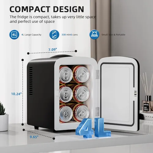Miniatura 5 de Electactic Refrigerador compacto, mini refrigerador portátil, cuidado de la piel, capacidad de 4 litros/6 latas, para dormitorio, automóvil, oficina