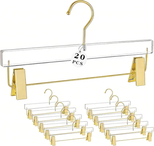 Besser - Perchas acrílicas doradas, paquete de 20 perchas transparentes con ganchos dorados, perchas lujosas para faldas y pantalones, clips dorados