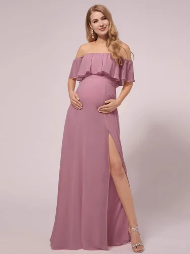 Miniatura 4 de Ever-Pretty Vestido largo de gasa con volantes y hombros descubiertos para mujer vestido de fiesta de embarazo vestidos de fotografía de maternidad