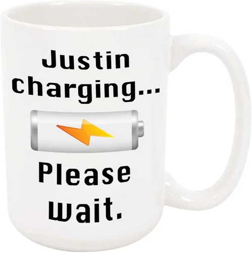 Justin - Taza de café con carga – Taza de cerámica personalizada con nombre, taza personalizada, regalo de cumpleaños/Navidad, regalo de vacaciones,