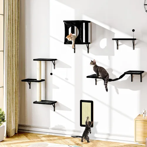 Miniatura 8 de NUNU LAB Juego de muebles para gatos montados en la pared, juego de 6 piezas para escalar con casa, puente, escalones, tabla rascadora - Paredes