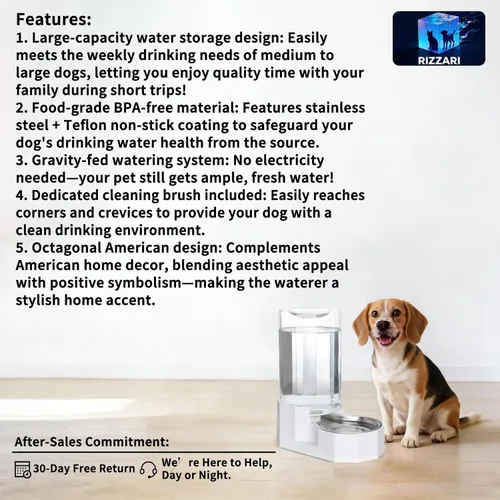 Miniatura 2 de Sfozstra Dispensador Automático de Agua para Mascotas: Cuenco de Agua de Acero Inoxidable Blanco por Gravedad de 8L - con Cepillo Especializado