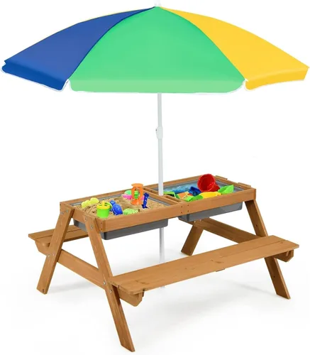 Miniatura 11 de HONEY JOY Mesa de picnic para niños, mesa de madera de cedro 4 en 1 para arena y agua con 2 cajas extraíbles y paraguas, mesas de picnic para niños