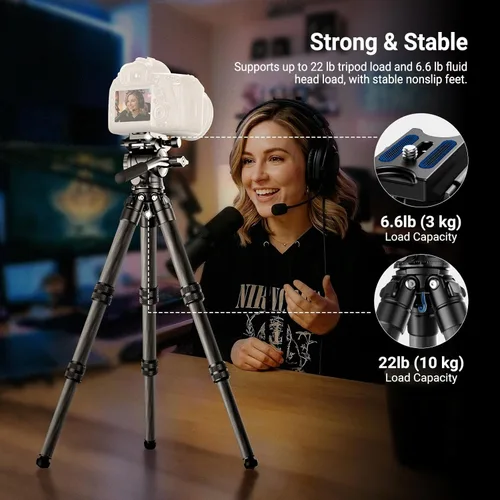 Miniatura 3 de NEEWER Mini trípode de escritorio de fibra de carbono para cámara, trípode de viaje portátil de mesa con cabezal de fluido de video, placa QR