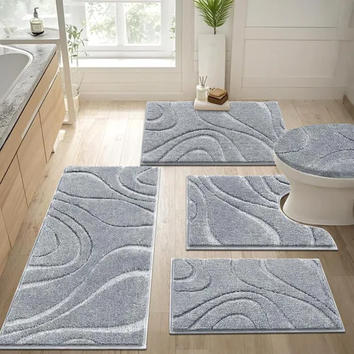 Miniatura 9 de Juego de alfombras de baño HEBE de 5 piezas, tapete de baño de microfibra suave y absorbente para el baño, juego de alfombras de baño antideslizante