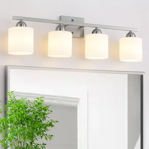 Miniatura 24 de Mecgirn Luces de tocador de vidrio de leche de acero inoxidable para baño, 2 lámparas de baño doradas claras sobre espejo, enchufes E26 de cerámica