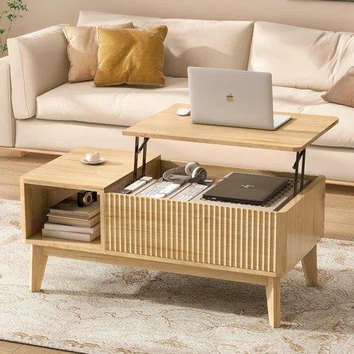 LYNCOHOME Mesa de Centro con Tapa Elevable Acanalada con Almacenamiento, Mesa de Centro Moderna para Sala de Estar, Oficina en Casa (Natural)