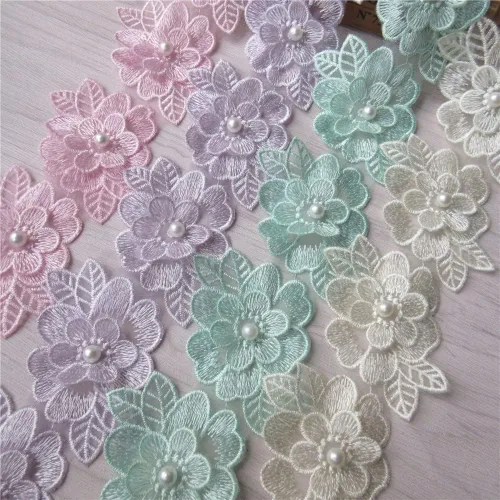 Miniatura 7 de 2 yardas de encaje de flores 3D con perlas bordadas, de poliéster, cinta de encaje con aplicación de patchwork para vestido de novia, manualidades