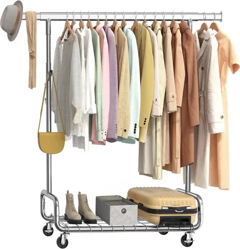 SONGMICS Perchero de Ropa, Perchero de Ropa Rodante de Servicio Pesado con Ruedas, Barra Colgante Extensible y Altura Ajustable, Portátil, con Plata
