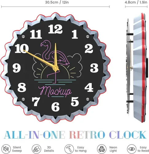 Miniatura 5 de Reloj de pared flamenco, reloj de pared neón de 12 pulgadas, efecto de brillo 3D, silencioso sin tictac, ideal para dormitorio, cafeterías frente a