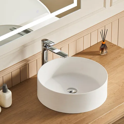 Cpingao Lavabo de Recipiente Redondo de Baño de 17.7 Pulgadas, Lavabo Circular Sobre Encimera de Piedra Mate Moderno Lavabo de Arte para Gabinete de
