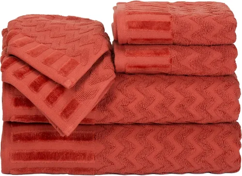Miniatura 8 de Bedford Home Juego de toallas de baño de felpa de algodón de lujo de 6 piezas, diseño de cheurón esculpido de felpa para spa, toallas decorativas