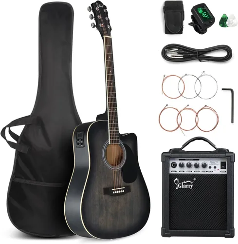 GLARRY Kit de guitarra eléctrica acústica de tamaño completo con 6 cuerdas para principiantes con amplificador de 15W, guitarra eléctrica acústica
