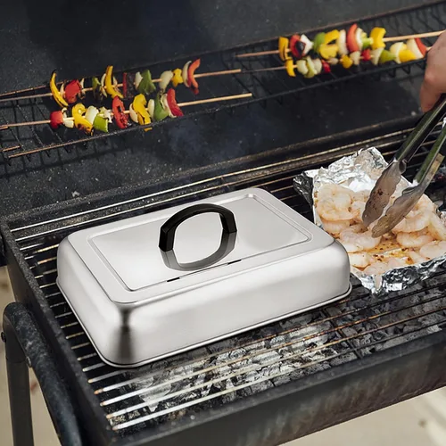 Miniatura 7 de Leonyo Cubierta de parrilla de 13 x 9 pulgadas para barbacoa, tapa rectangular de acero inoxidable para parrilla al aire libre, cubierta de metal