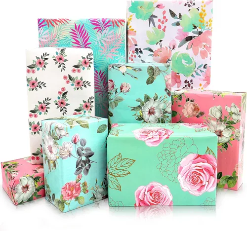 Papel de regalo para niñas y mujeres, 12 hojas de papel de regalo floral de cumpleaños, papel de regalo plegado colorido rosa y verde para Floral 12