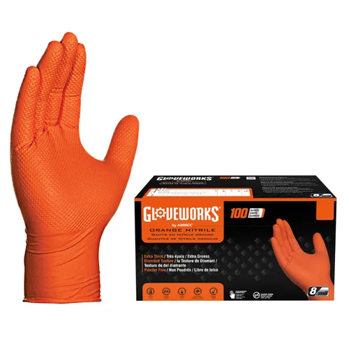 GLOVEWORKS Guantes de trabajo de nitrilo naranja de 8 mil, desechables, resistentes, con agarre de diamante elevado, guantes mecánicos, pequeños,