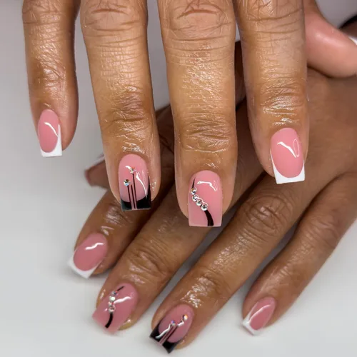 Miniatura 3 de Uñas postizas a presión de punta francesa, uñas postizas cuadradas blancas, uñas postizas cortas negras con diamantes de imitación, diseños