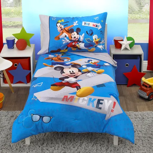 Disney Mickey Mouse y sus amigos - Juego de cama para niños pequeños de 4 piezas - Sábanas ajustadas, funda de almohada, sábana encimera y edredón -