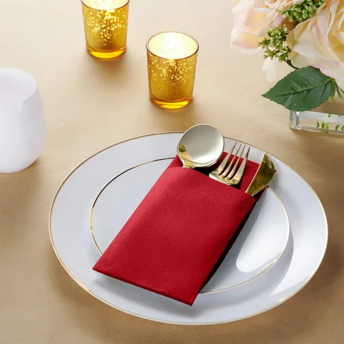 Miniatura 2 de Paquete de 50 servilletas desechables de lino con bolsillo integrado para cubiertos, color rojo brillante, como servilletas de papel para Navidad