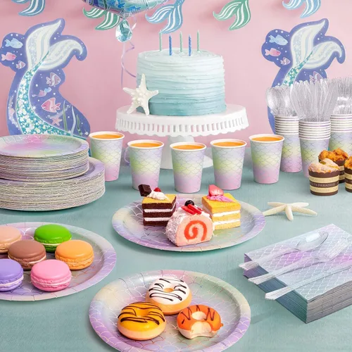 Miniatura 5 de Decoraciones de cumpleaños de sirena: 242 piezas de suministros para fiesta de Girs y juego de vajilla desechable (25 invitados), incluye platos