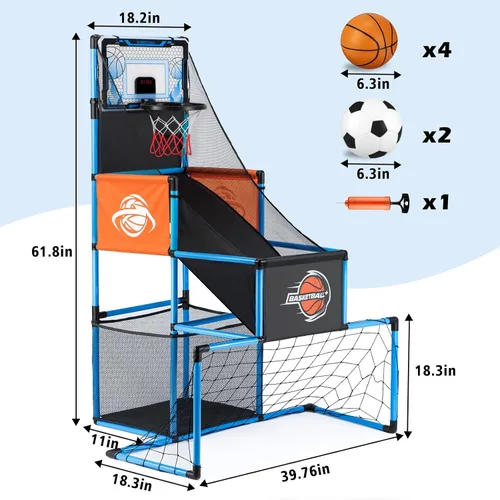 Miniatura 8 de Juego de Arcade de Baloncesto y Portería de Fútbol 2 en 1 para Niños, Aro de Baloncesto Ajustable para Niños con 6 Pelotas y Bomba