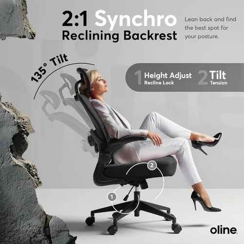 Miniatura 5 de Oline ErgoAir - Silla ergonómica de oficina, soporte lumbar ajustable, reposabrazos abatibles, silla de escritorio de malla para computadora, silla