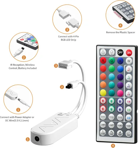 Miniatura 4 de PAUTIX Tira de luz LED RGB controlador inteligente inalámbrico, control remoto de 44 teclas y control de aplicación, sincronización de música