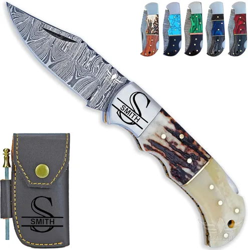 Miniatura 12 de Cuchillo de bolsillo de damasco personalizado para hombres - Cuchillo plegable de caza de acero sólido de 133 capas hecho a mano con afilador y azul