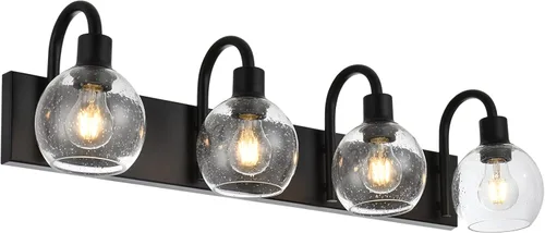 Miniatura 15 de Accesorios de iluminación de tocador de baño negros de 5 luces sobre espejo, iluminación moderna de pared con apliques de vidrio esmerilado