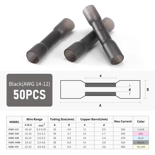 Miniatura 2 de 50 conectores de cable a tope termorretráctiles, 50 unidades de 14-12 AWG con aislamiento negro, impermeables, conectores de cable eléctrico