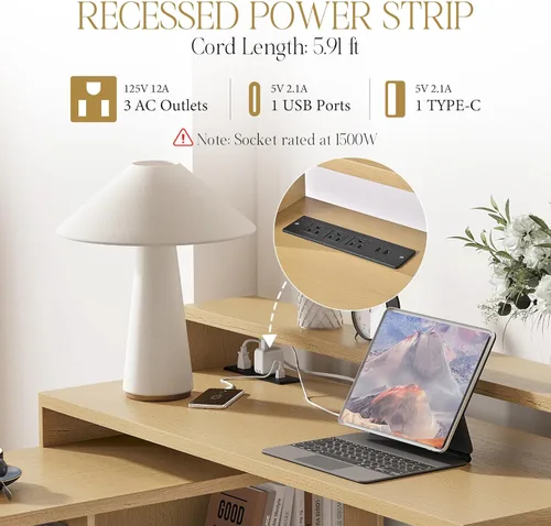 Miniatura 5 de 67" L Shaped Executive Desk with Drawers & Storage Shelf, Corner Computer Desk with Power Outlets, Home Office Desk with Monitor Stand, Printer