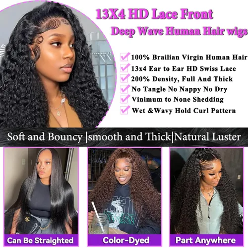Miniatura 3 de 13x4 Deep Wave Lace Front Wigs Human Hair Pre Plucked 200 Density HD Transparent Lace Front Wigs Human Hair with Baby Hair Deep Curly Wigs Human