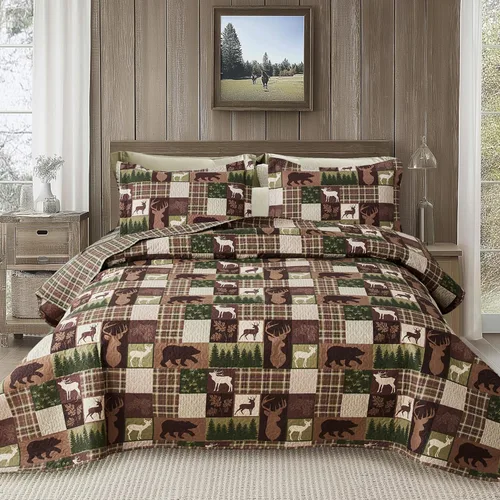 Miniatura 10 de Ycosy Juego de Edredón Rústico Lodge con Alce Ciervo Colcha Tamaño King Oso del Bosque Ciervo Edredón Verde Matcha Reversible Cubrecamas de Cabaña