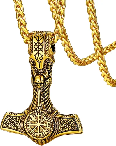 FaithHeart Collar de martillo de Thor vikingo, acero inoxidable, plata de ley, amuleto Vegvisir Mjolnir con cadena de trigo resistente, Acero