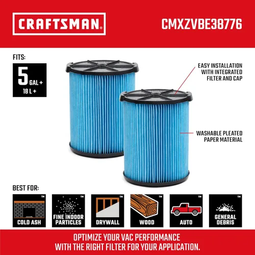 Miniatura 2 de CRAFTSMAN CMXZVBE38776 - Filtro de vacío de repuesto para aspiradora CRAFTSMAN Shop de 5 a 20 galones, fácil instalación y atrapa partículas finas