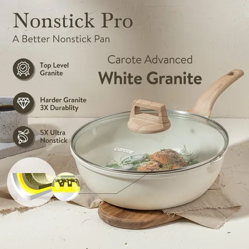 Miniatura 5 de CAROTE Sartén Antiadherente Profunda de 10 Pulgadas para Freír con Tapa, Sartén Jumbo de 4.5 Cuartos para Saltear con Pico Vertedor, Sartén