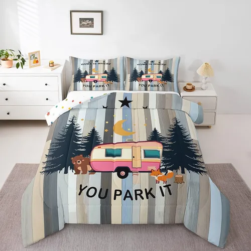 Miniatura 15 de Juego de ropa de cama de campamento para niños, tamaño individual, juego de edredón de gnomos kawaii para niños y niñas, edredón vintage de madera
