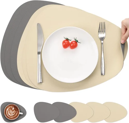 Miniatura 14 de Myir JUN Manteles individuales de doble cara, impermeables, de piel sintética, juego de 4 manteles individuales y posavasos, antideslizantes, Gris