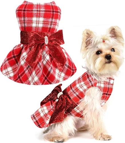 Miniatura 6 de Yikeyo Vestido suéter para perro, vestidos para perros pequeños, con forro polar, vestido de invierno cálido, lentejuelas, nudo de lazo, ropa a