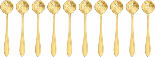 Miniatura 10 de Cuchara de flores de acero inoxidable de 10 piezas, cucharas creativas de postre doradas, cucharas de café, agitadores de café, cuchara de té