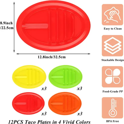 Miniatura 2 de Acrux7 - 12 platos de plástico para tacos para fiestas, platos grandes para tacos con divisores, capacidad para 3 tacos, 2 áreas de inmersión