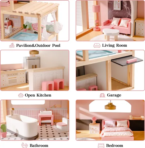 Miniatura 7 de ROBUD Casa de Muñecas, Casa de Muñecas de Madera con 6 Habitaciones, Set de Muebles de 29 Piezas, Ascensor Funcional, Garaje, Piscina, Regalo Ideal