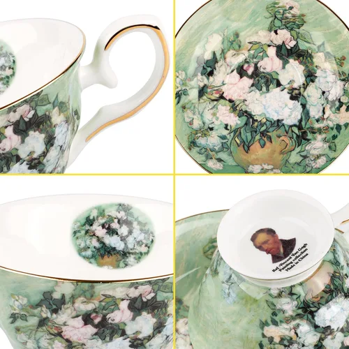 Miniatura 3 de Juego de 2 Tazas de Té Florales con Platillos, Porcelana de Hueso de 7 oz, Tazas de Té Británicas, Taza de Café de Porcelana para Té de Rosa